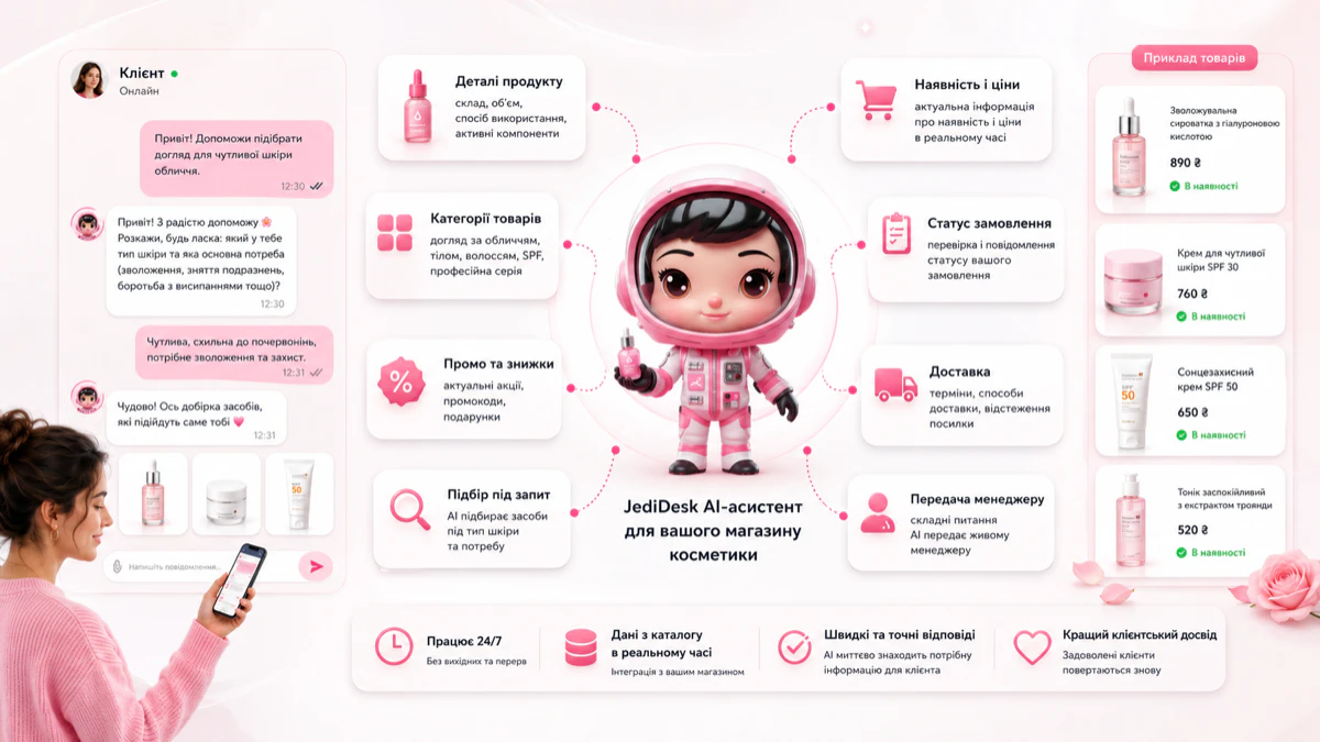 Ukrainian-language JediDesk AI diagram showing the path from a shopper request and product feed to a recommendation and manager handoff