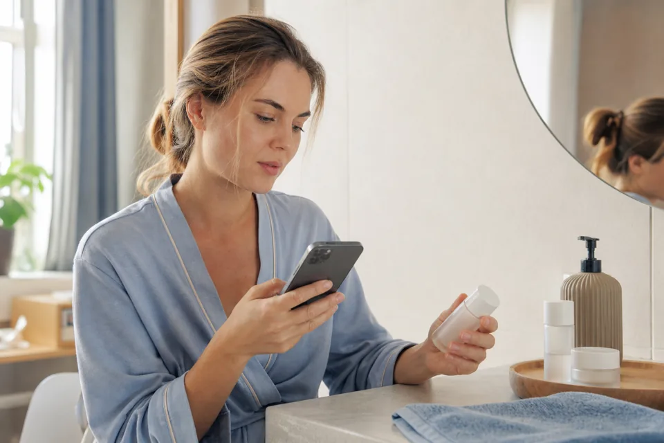 A shopper reads skincare advice on her smartphone