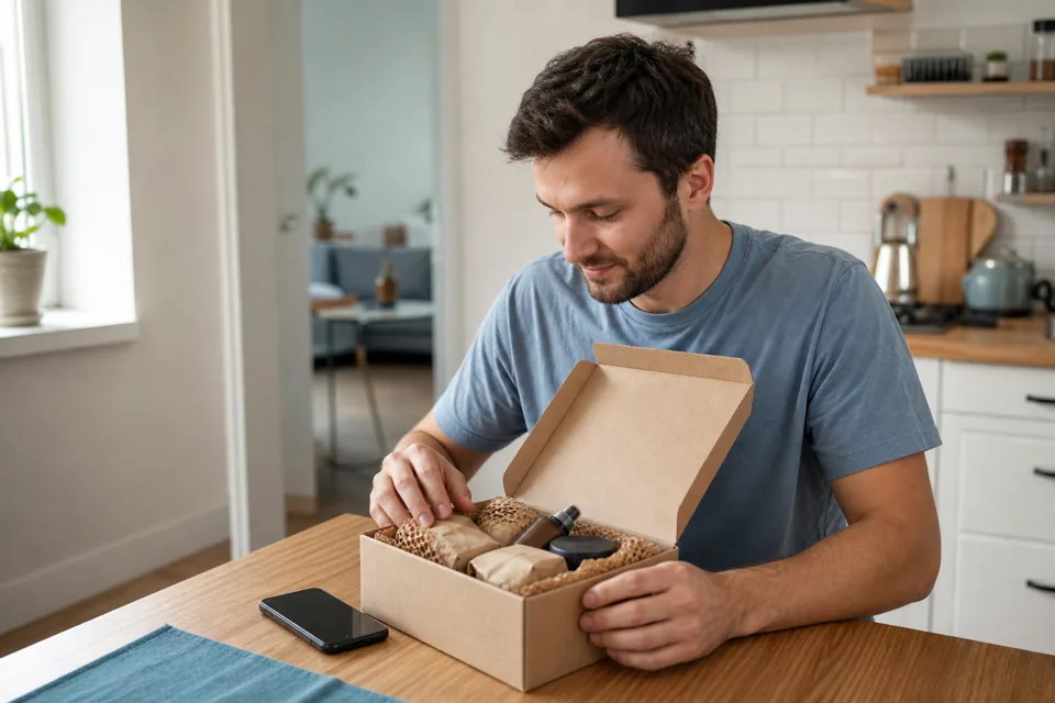 A shopper receives a cosmetics order and opens the parcel at home