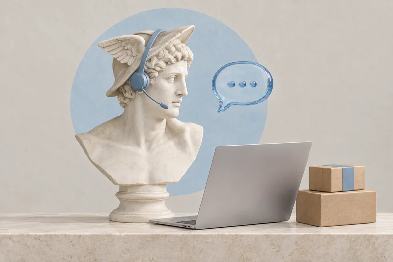 Art collage: a marble Hermes wearing a support headset beside a laptop and parcels