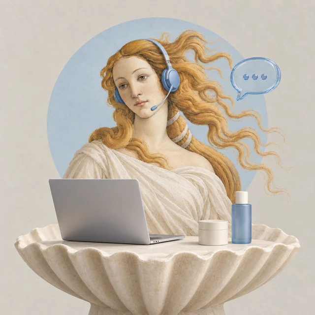 Botticelli's Venus in a blue headset at a desk with a laptop and cosmetics — an artistic depiction of an AI assistant
