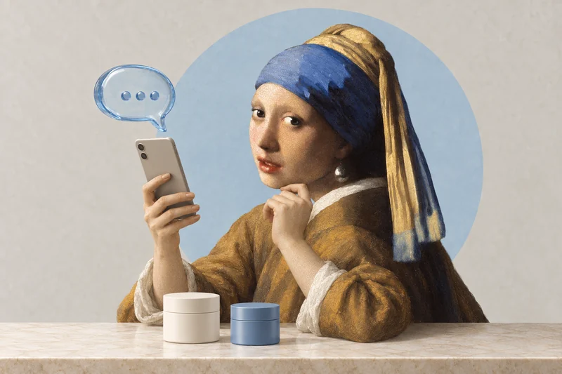 Art collage: Girl with a Pearl Earring comparing cosmetics using a smartphone
