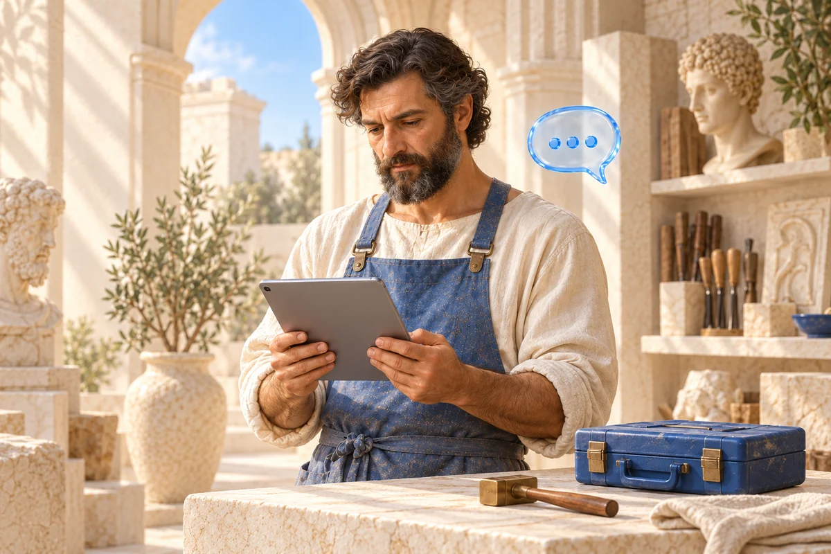 Hephaestus wearing a blue work apron and holding a tablet in a bright workshop — an artistic image of craftsmanship and technology