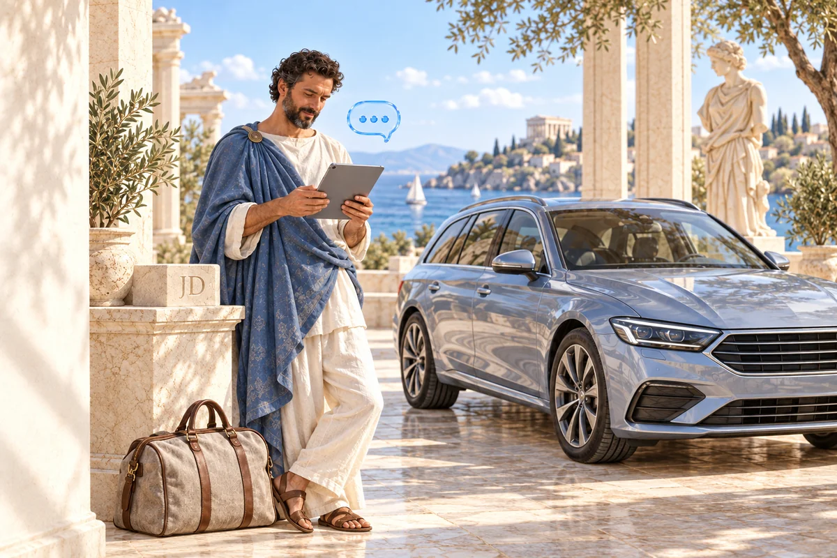 Odysseus with a tablet and travel bag beside a modern car — an artistic metaphor for car rental
