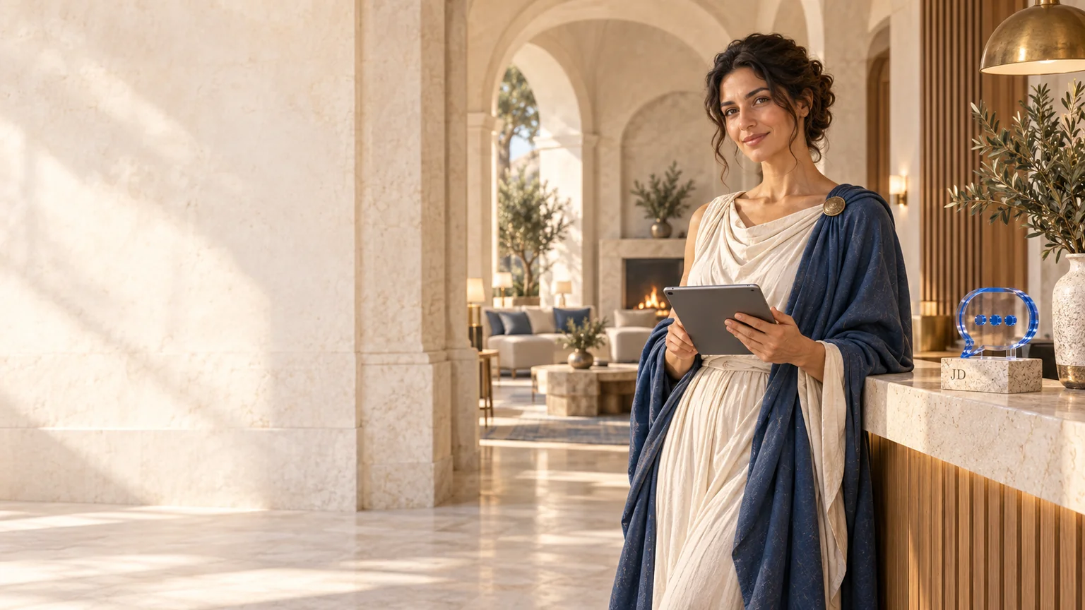 Hestia with a tablet in a bright hotel lobby beside a stone reception desk