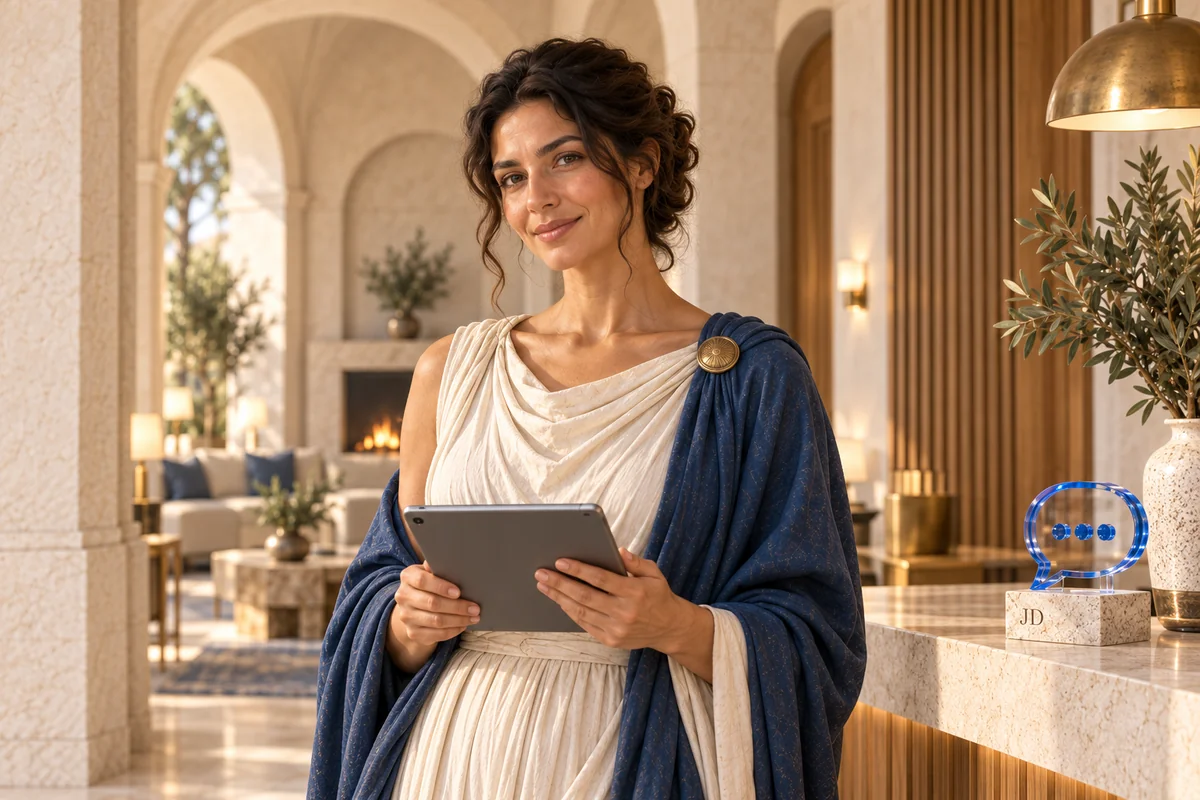 Hestia with a tablet in a bright hotel lobby beside a stone reception desk