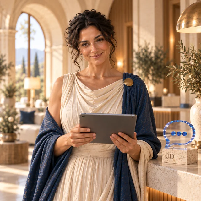 Hestia with a tablet and glass conversation symbol — an artistic depiction of a welcoming assistant