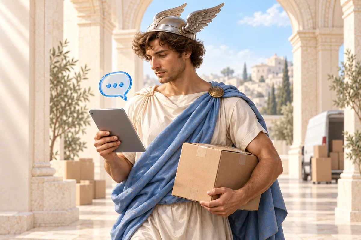 Hermes in a light cloak holding a parcel and tablet in a modern dispatch space