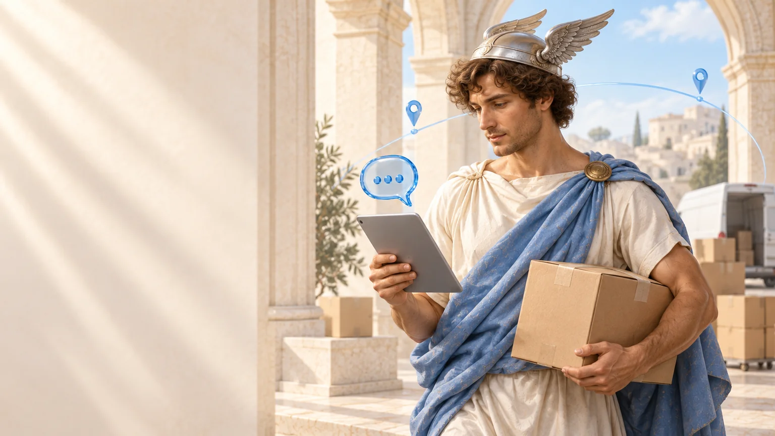 Hermes in a light cloak holding a parcel and tablet in a modern dispatch space