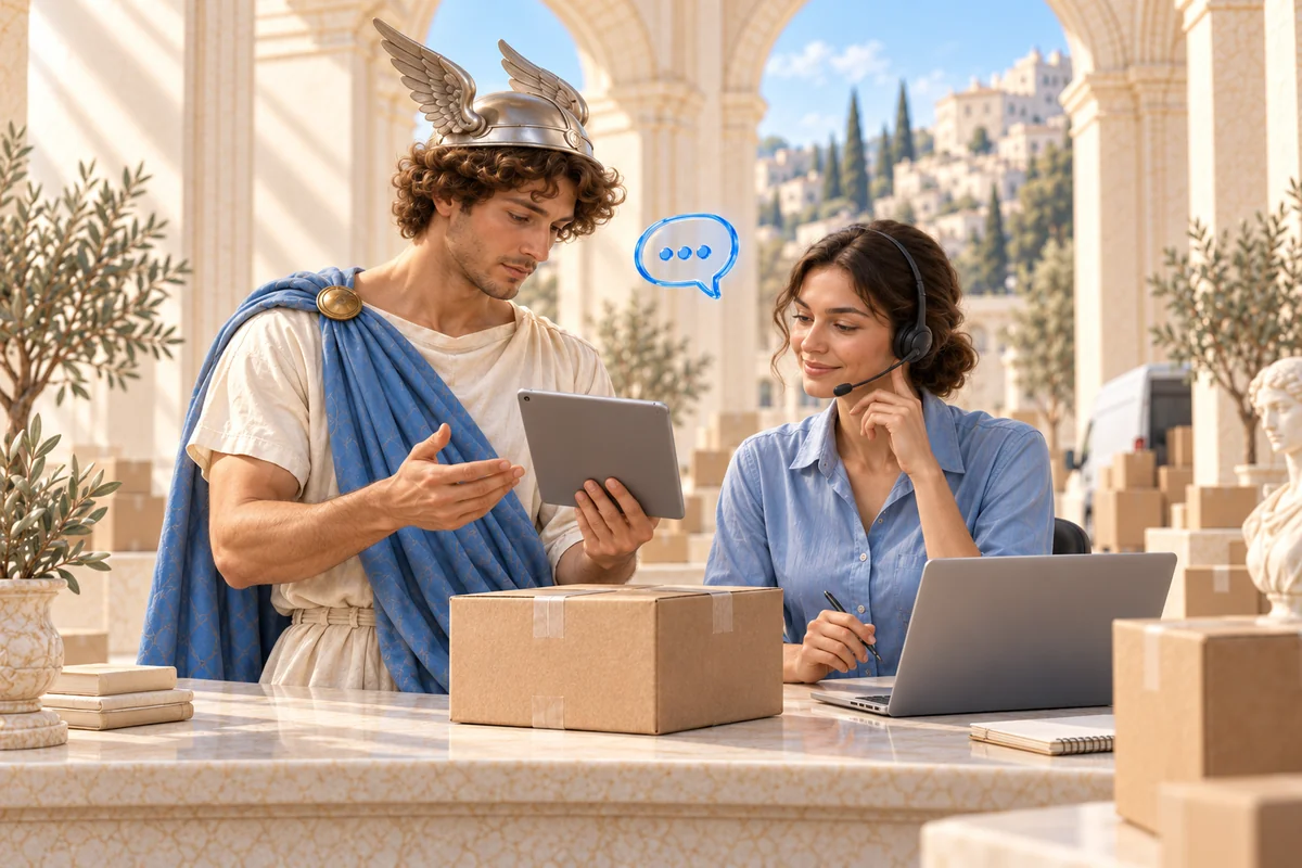 Hermes with a tablet beside a modern dispatch centre — an artistic scene of handing an enquiry to the team