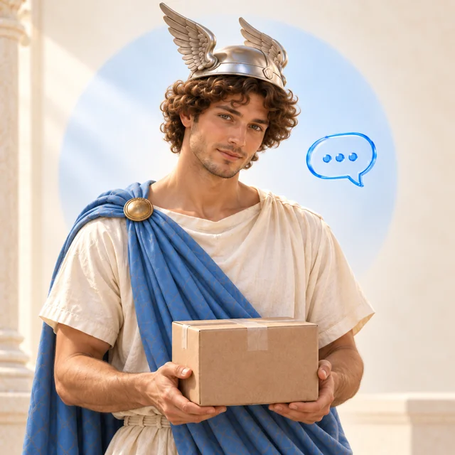 Hermes with a parcel and blue chat symbol — an artistic metaphor for a logistics assistant