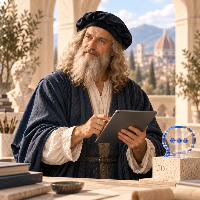 Leonardo with a tablet and glass dialogue symbol — an artistic depiction of the assistant