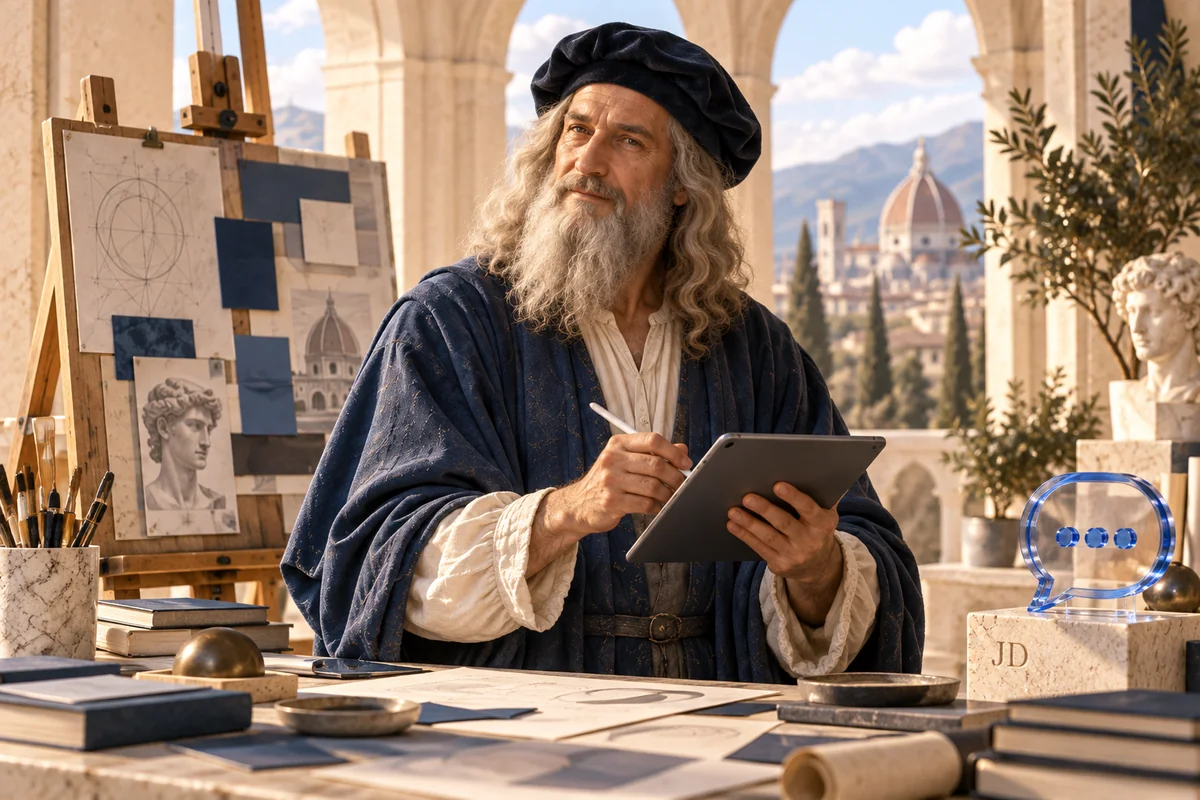 Leonardo with a modern tablet in a bright creative studio beside an easel