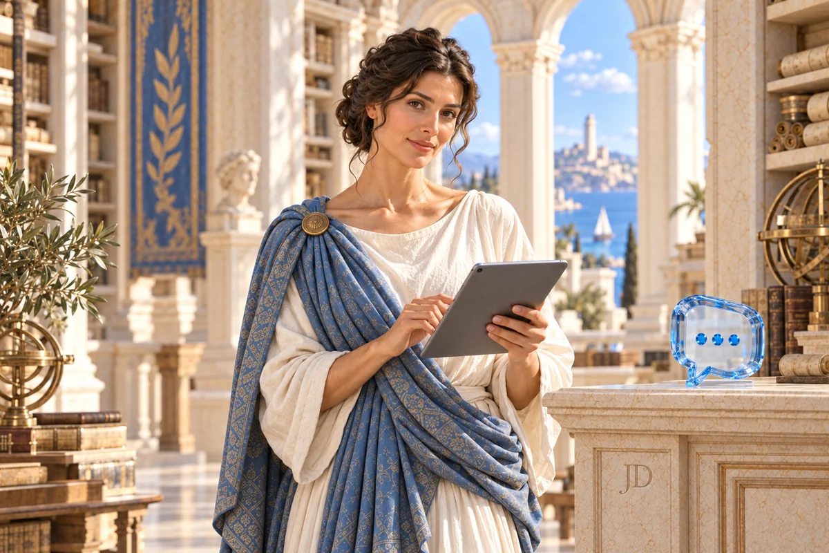Hypatia holding a tablet in a bright ancient library beside a glass conversation symbol