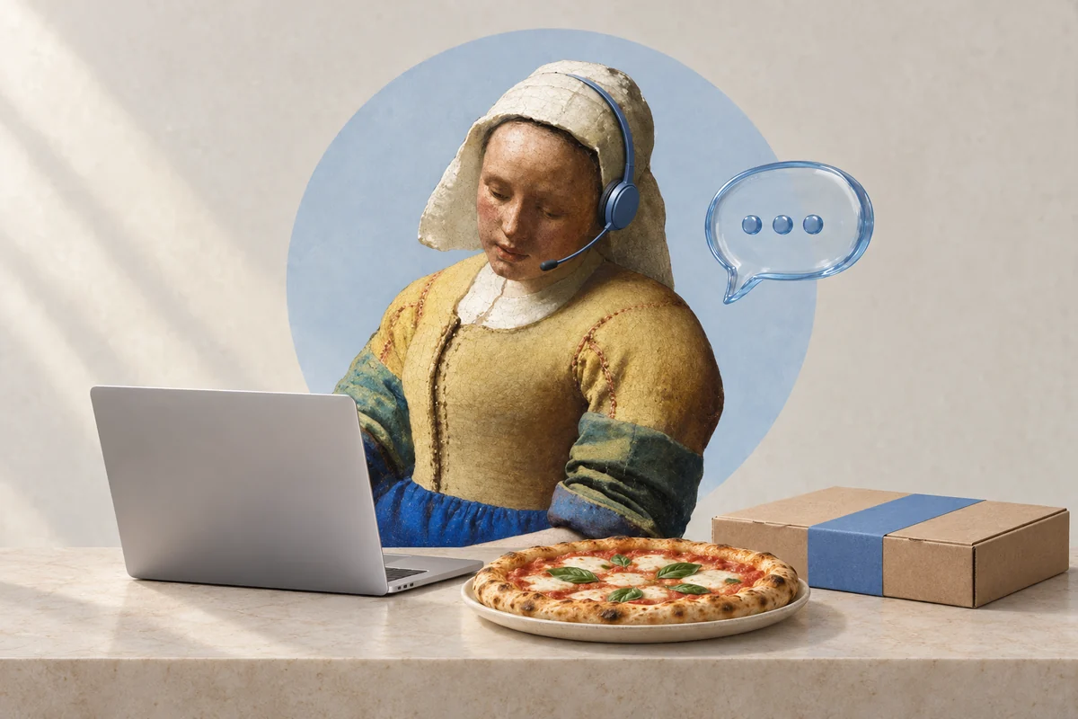 Art collage: Vermeer's Milkmaid wearing a modern headset at a counter with pizza and a laptop