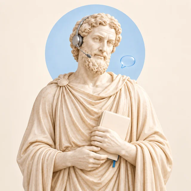 A marble Asclepius wearing a headset — an artistic depiction of a clinic communication assistant