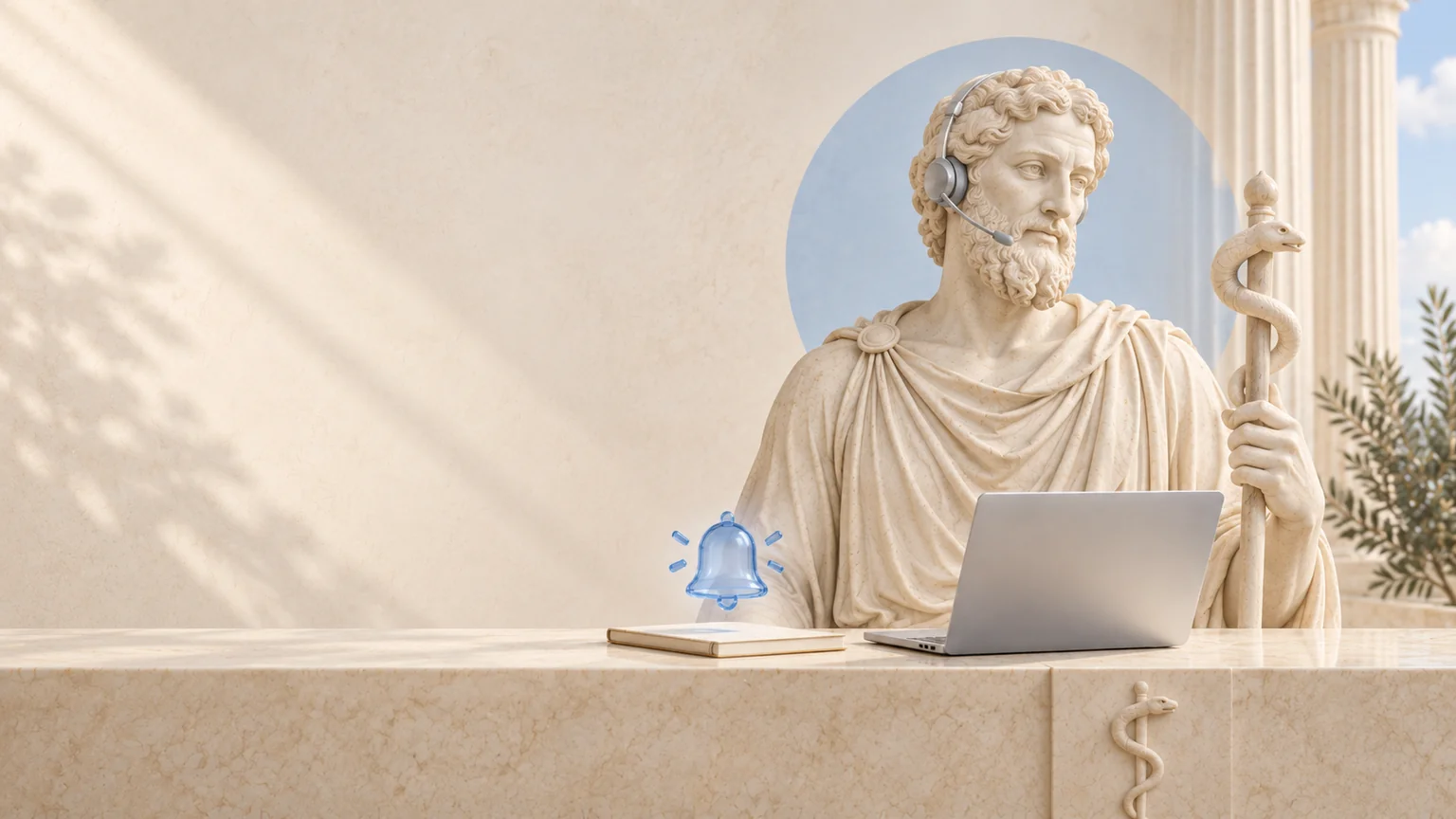 An artistic depiction of Asclepius with a headset and laptop in a modern reception area