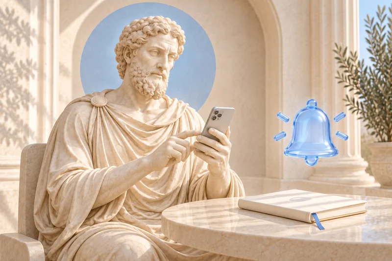 Asclepius with a phone, appointment book and blue bell — an artistic metaphor for a visit reminder