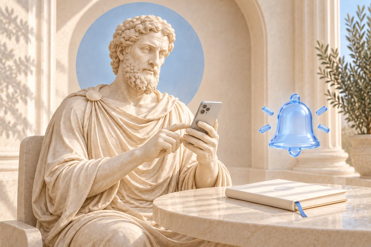 Asclepius with a phone, appointment book and blue bell — an artistic metaphor for a visit reminder