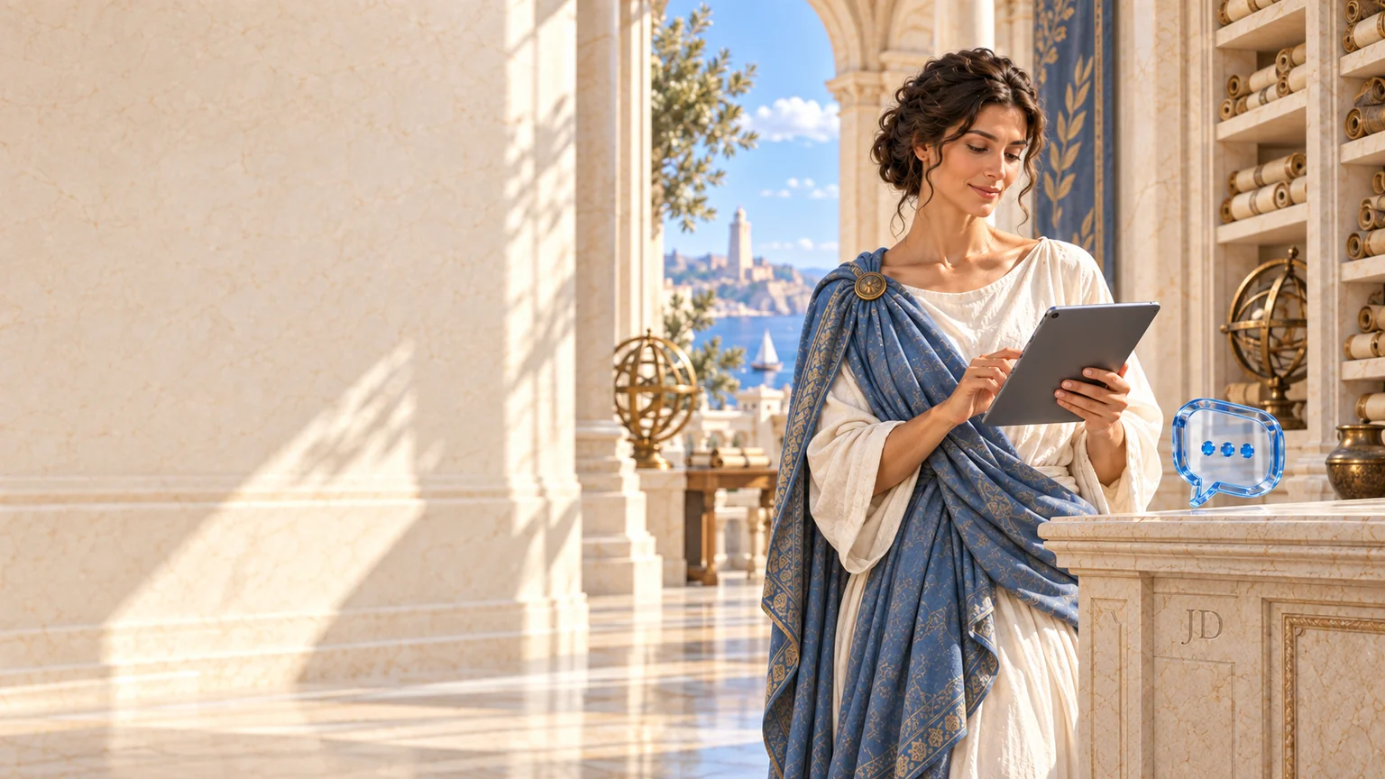 Hypatia holding a tablet in a bright ancient library beside a glass conversation symbol