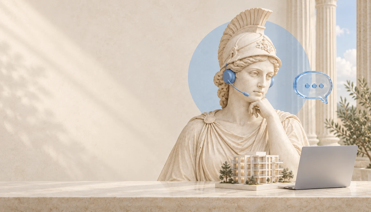 Art collage: a marble Athena wearing a headset beside an architectural model and laptop