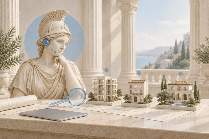 Art collage: Athena comparing architectural models of different types of housing