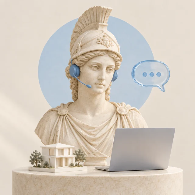 Athena wearing a headset — an artistic depiction of a real estate assistant