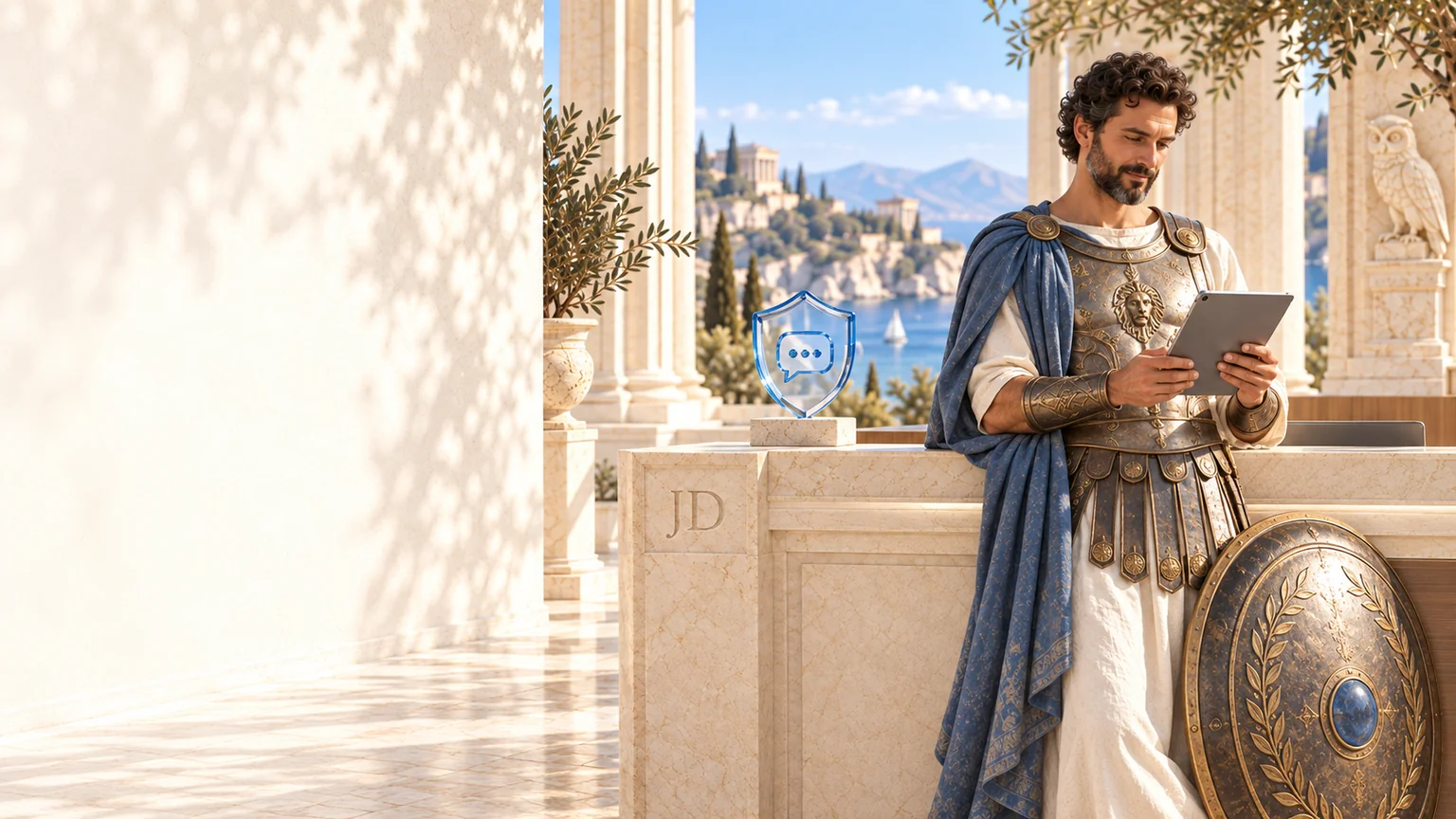 An ancient guardian warrior with a tablet and shield in a bright portico — an artistic depiction of support