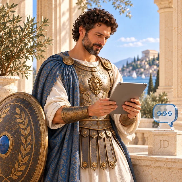 A guardian warrior with a tablet and shield — an artistic depiction of an AI support assistant