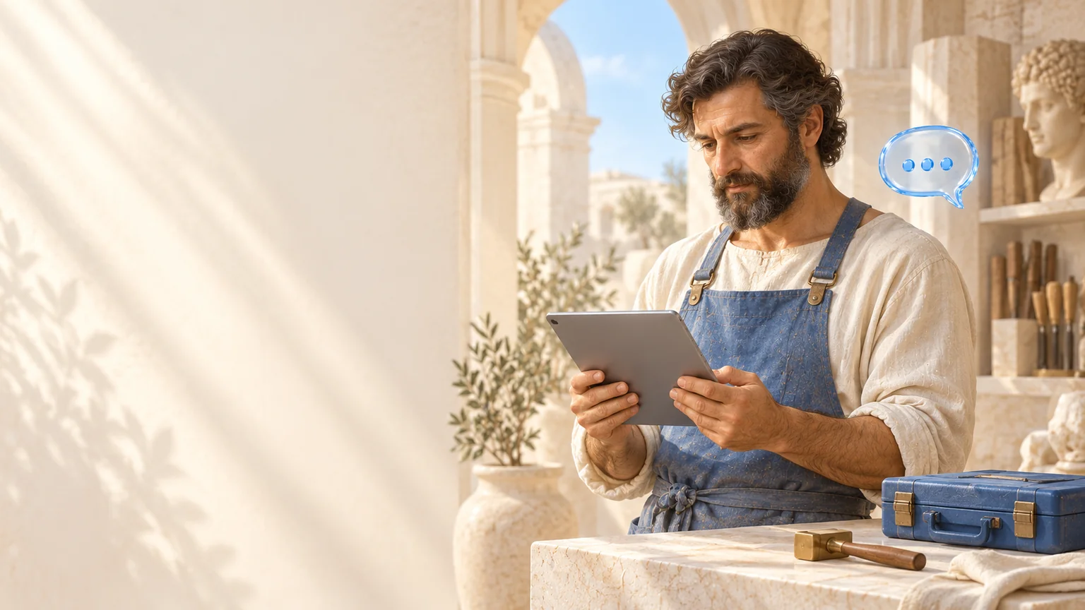 Hephaestus wearing a blue work apron and holding a tablet in a bright workshop — an artistic image of craftsmanship and technology