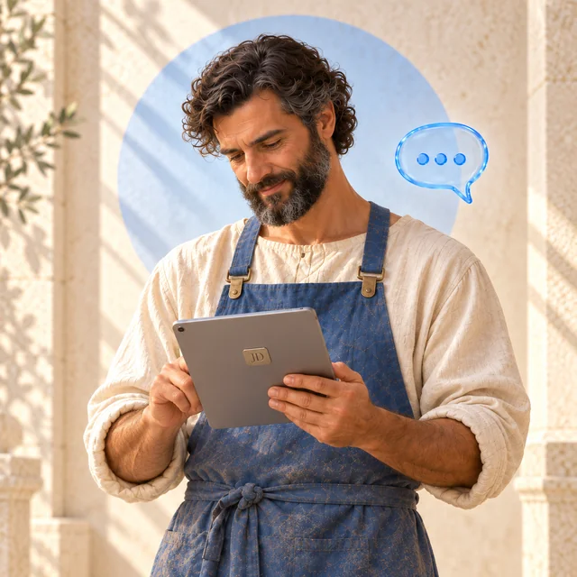 Hephaestus with a tablet and a blue chat symbol — an artistic metaphor for a service AI assistant