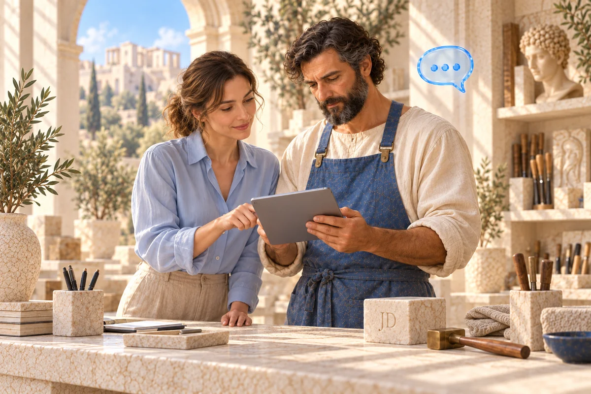 Hephaestus with a tablet handing context to a modern administrator — an artistic scene of collaboration