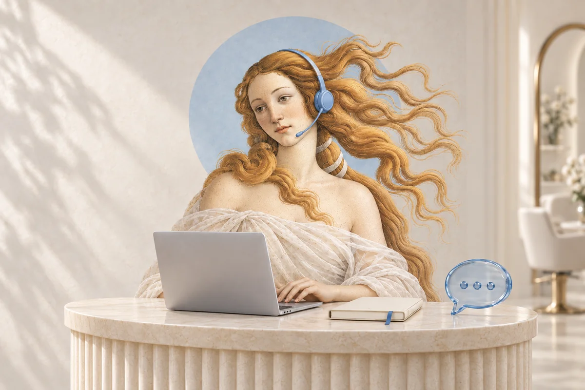 Art collage: Botticelli's Venus wearing a headset at a modern beauty salon counter