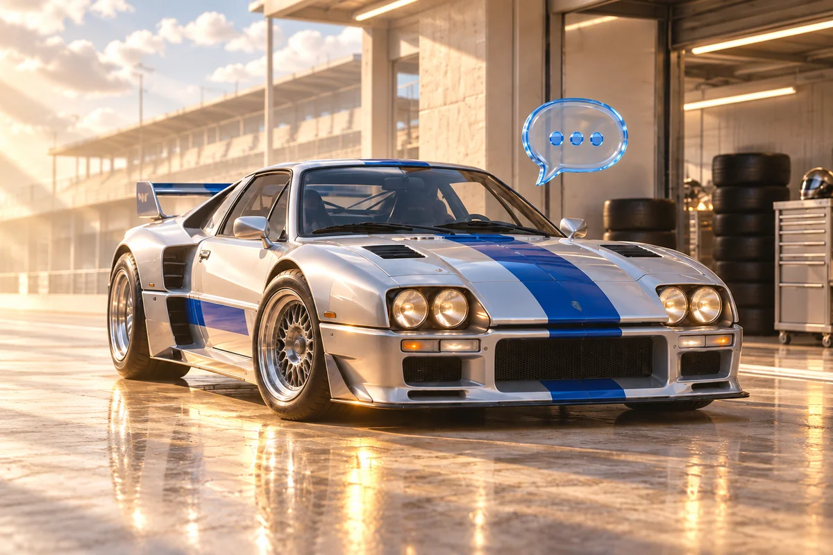 A silver racing car in the style of the 80s with a blue stripe and reflected light on the body — an artistic automotive service concept
