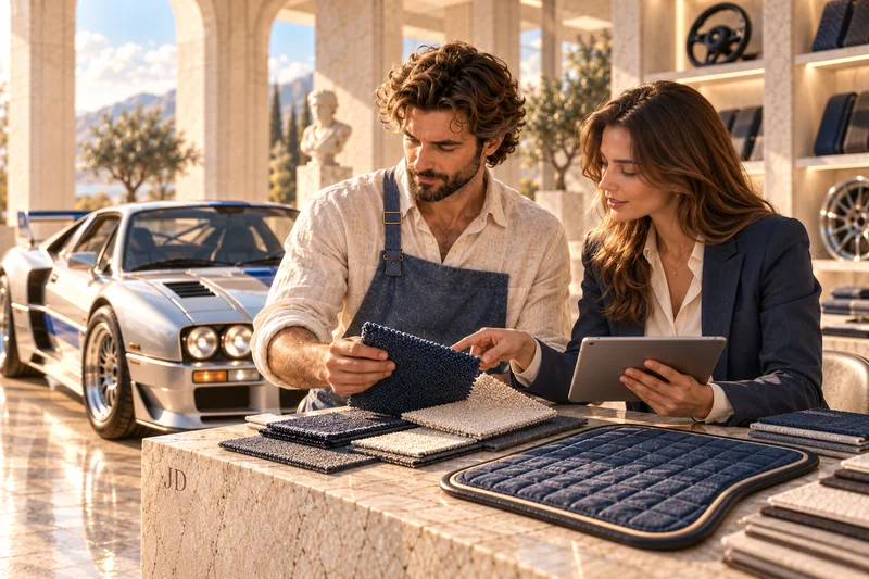 An ancient craftsman and modern adviser examining car accessory samples — an artistic scene