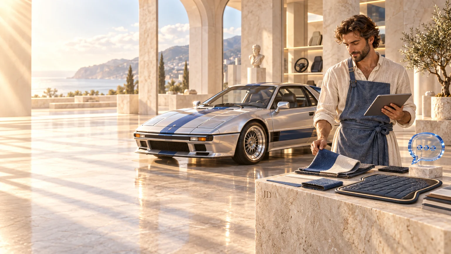 An ancient craftsman with a tablet and material samples beside a silver retro coupé — an artistic scene