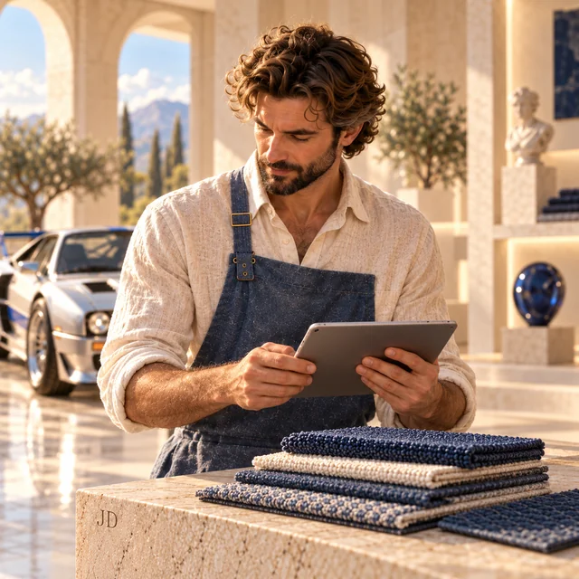 An ancient craftsman with a tablet and material samples — an artistic depiction of an AI adviser