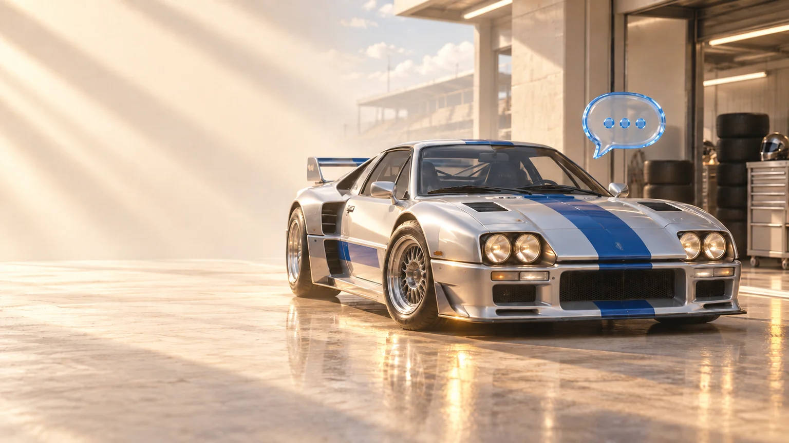 A silver racing car in the style of the 80s with a blue stripe and reflected light on the body — an artistic automotive service concept