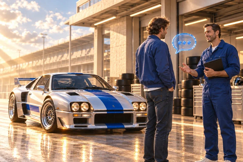 A service adviser and customer beside a retro racing car — an artistic concept of continuing the conversation