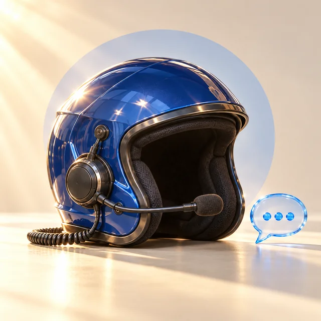 A blue racing helmet with a headset — an artistic metaphor for an automotive service assistant