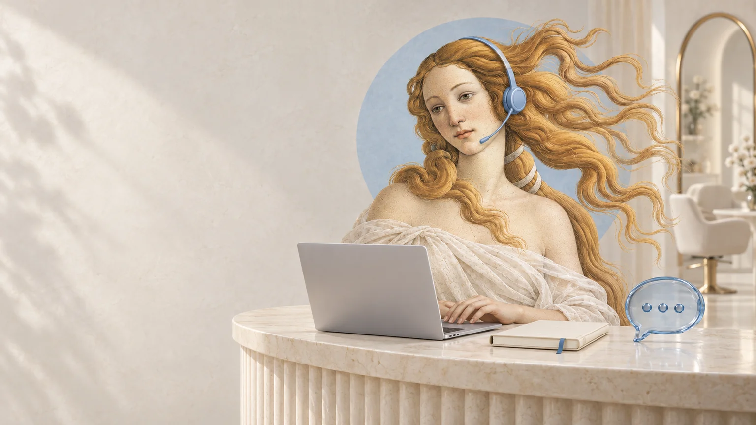 Art collage: Botticelli's Venus wearing a headset at a modern beauty salon counter