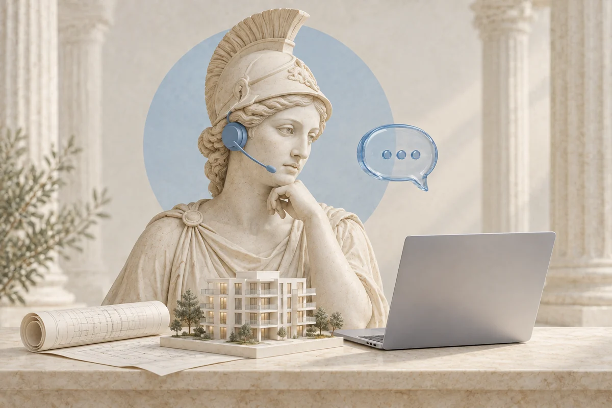 Art collage: a marble Athena wearing a headset beside an architectural model and laptop