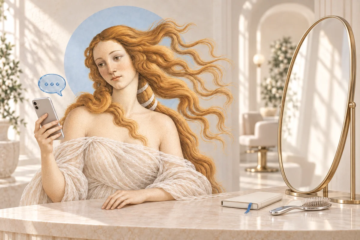 Art collage: Venus with a phone beside a mirror — a conversation about a future salon visit