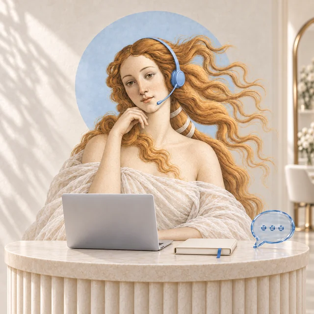 Botticelli's Venus wearing a headset with an appointment book — an artistic depiction of a salon AI assistant
