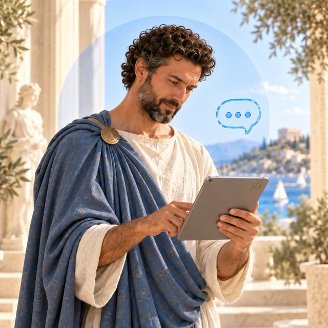 Odysseus with a tablet and chat symbol — an artistic depiction of an AI assistant for car rental