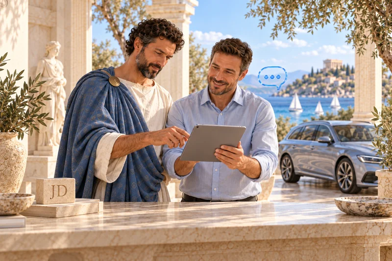 Odysseus discussing trip details with a modern team member — an artistic scene
