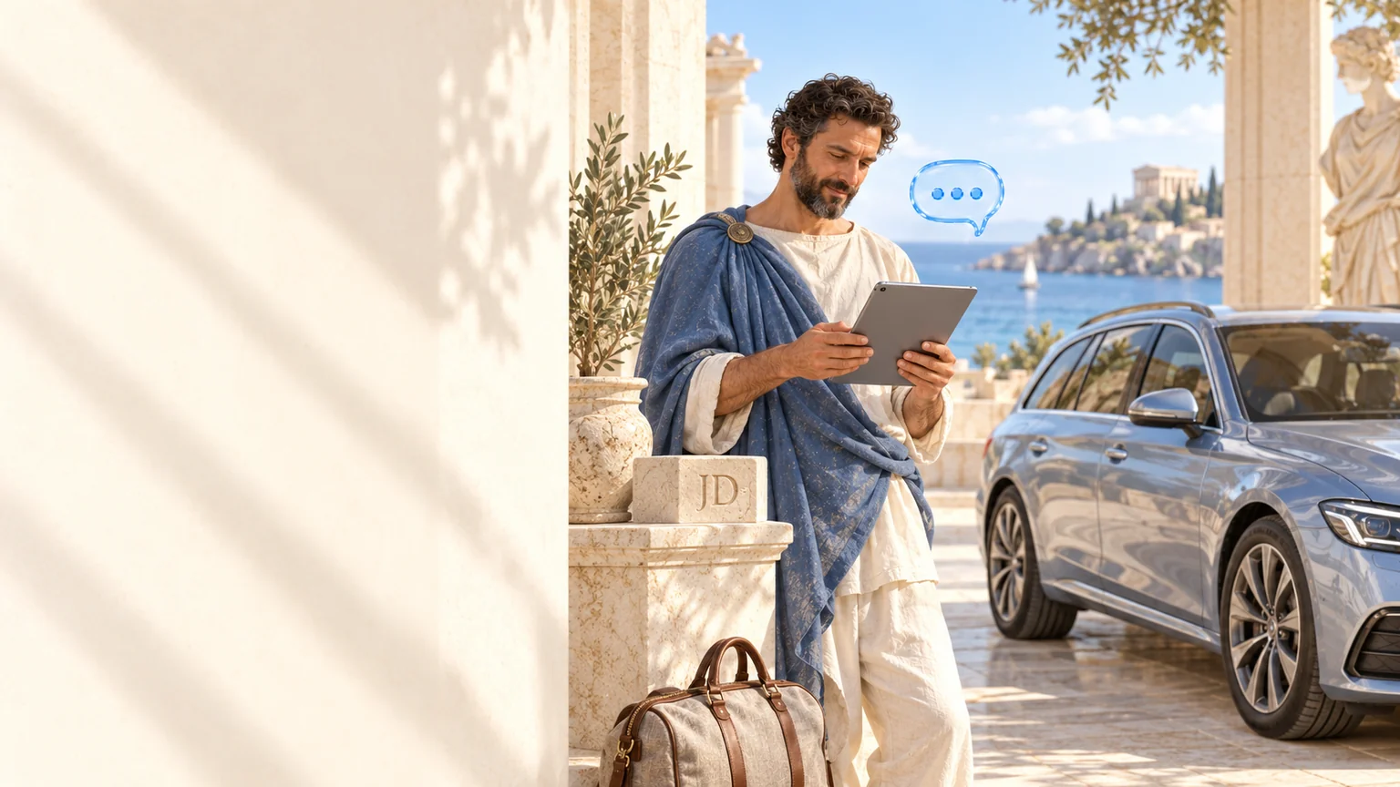 Odysseus with a tablet and travel bag beside a modern car — an artistic metaphor for car rental